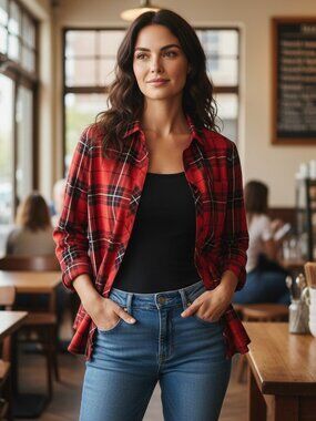 Lumberjack Tartan Plaid Shirt Women's 10P Red & Black Gold Label Button Fitted